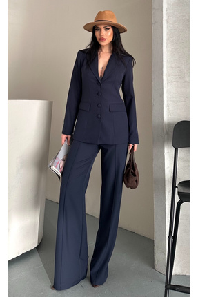pembekurdelem Kadın Kumaş Düğme Detay Ceket Pantolon Takım Lacivert