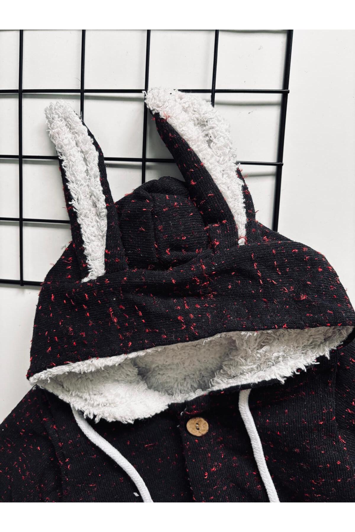 cacobutik unisex bebek kapüşonlu kulak detaylı içi peluş kalın kışlık welsoft tulum siyah fotoğrafı 3 (önizleme)