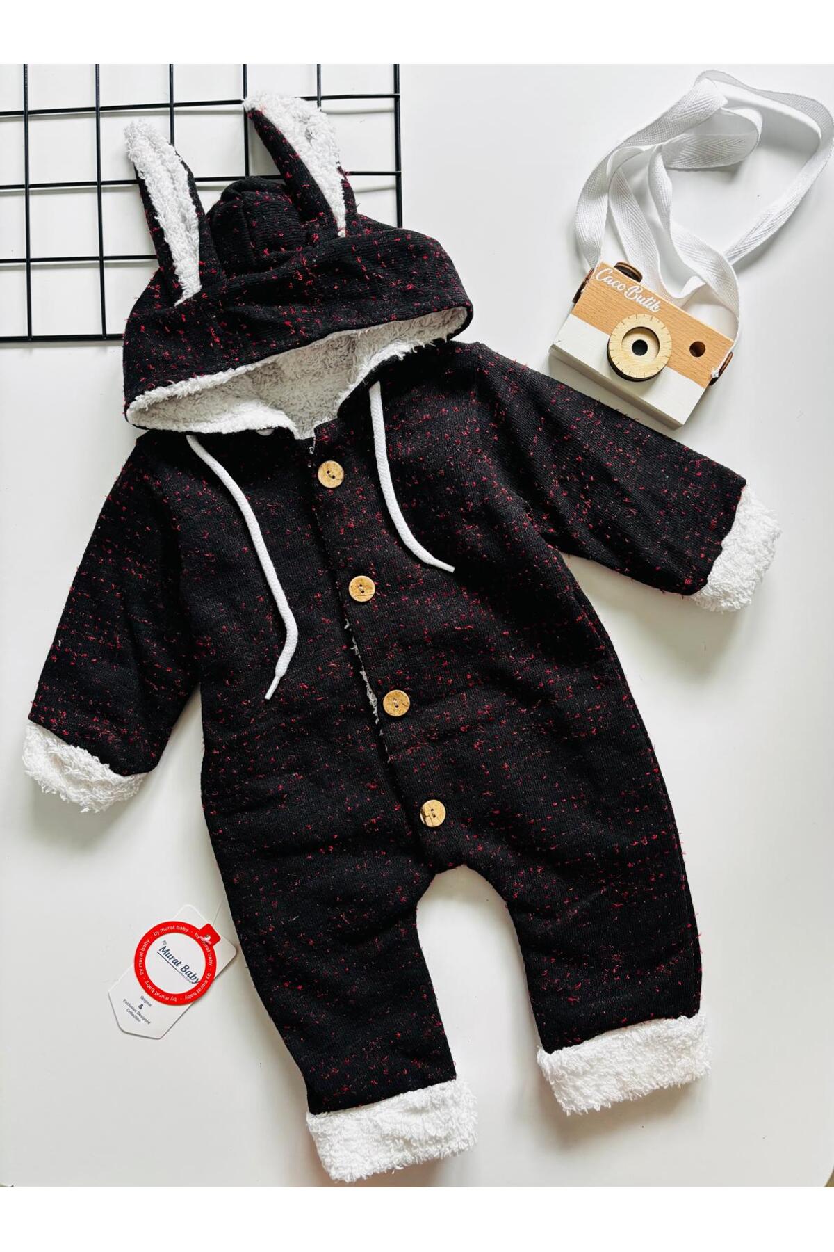 cacobutik unisex bebek kapüşonlu kulak detaylı içi peluş kalın kışlık welsoft tulum siyah fotoğrafı 2 (önizleme)