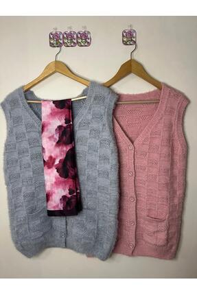 Mako Yumoş Dokulu Çeyizlik Gri ve Gül Kurusu Örgü Yelek Şal Seti