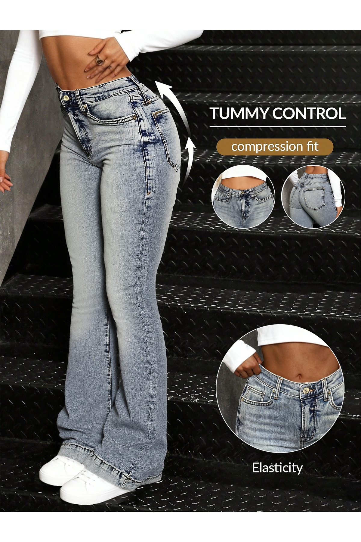 Shevadne  Kadın Mavi Yüksek Bel Toparlayıcı İspanyol Paça Likralı Jean Pantolon Günlük Ofis Dört Mevsim