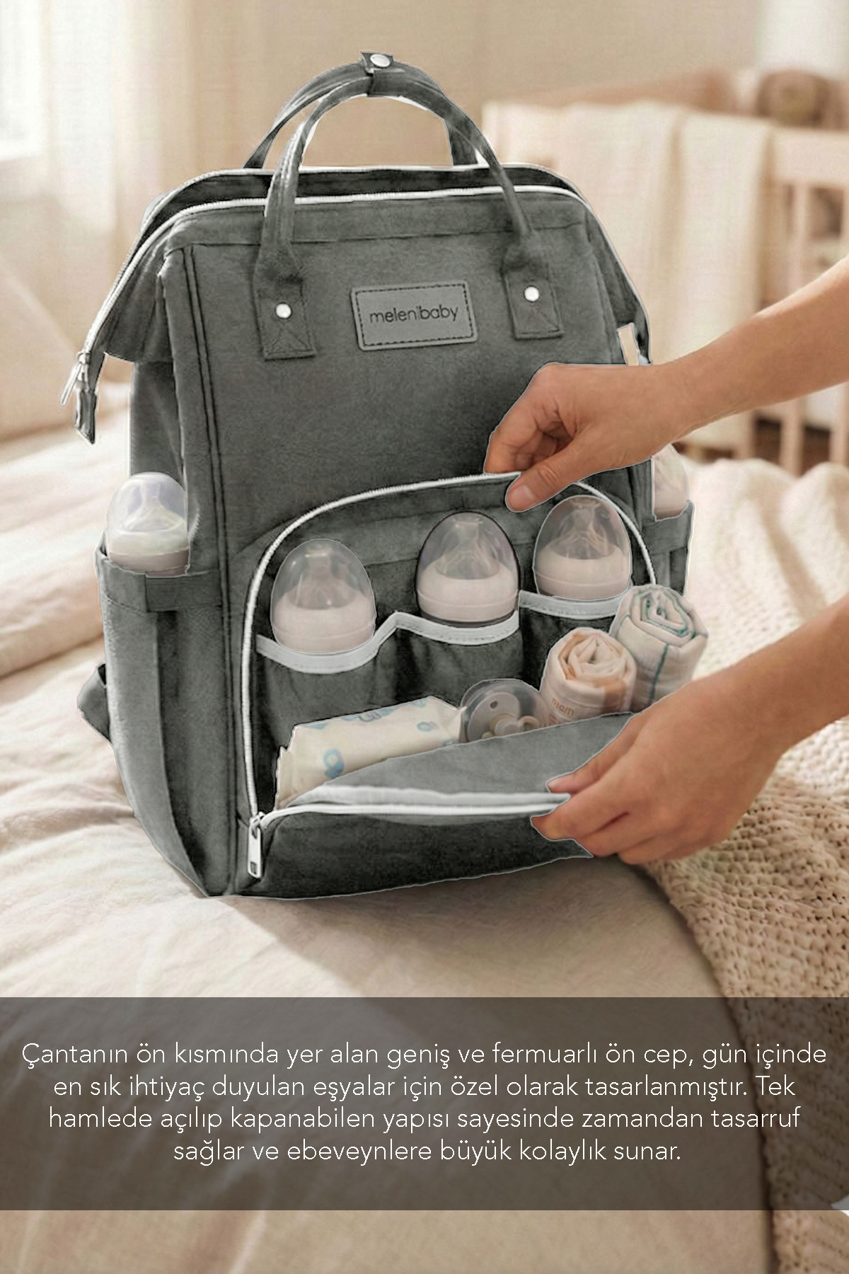 Meleni Baby 2'li Anne Bebek Seti - Bölmeli Anne Bebek Sırt Çantası ve Bebek Islak Mendil Bakım Çantası Gri fotoğrafı 2 (önizleme)