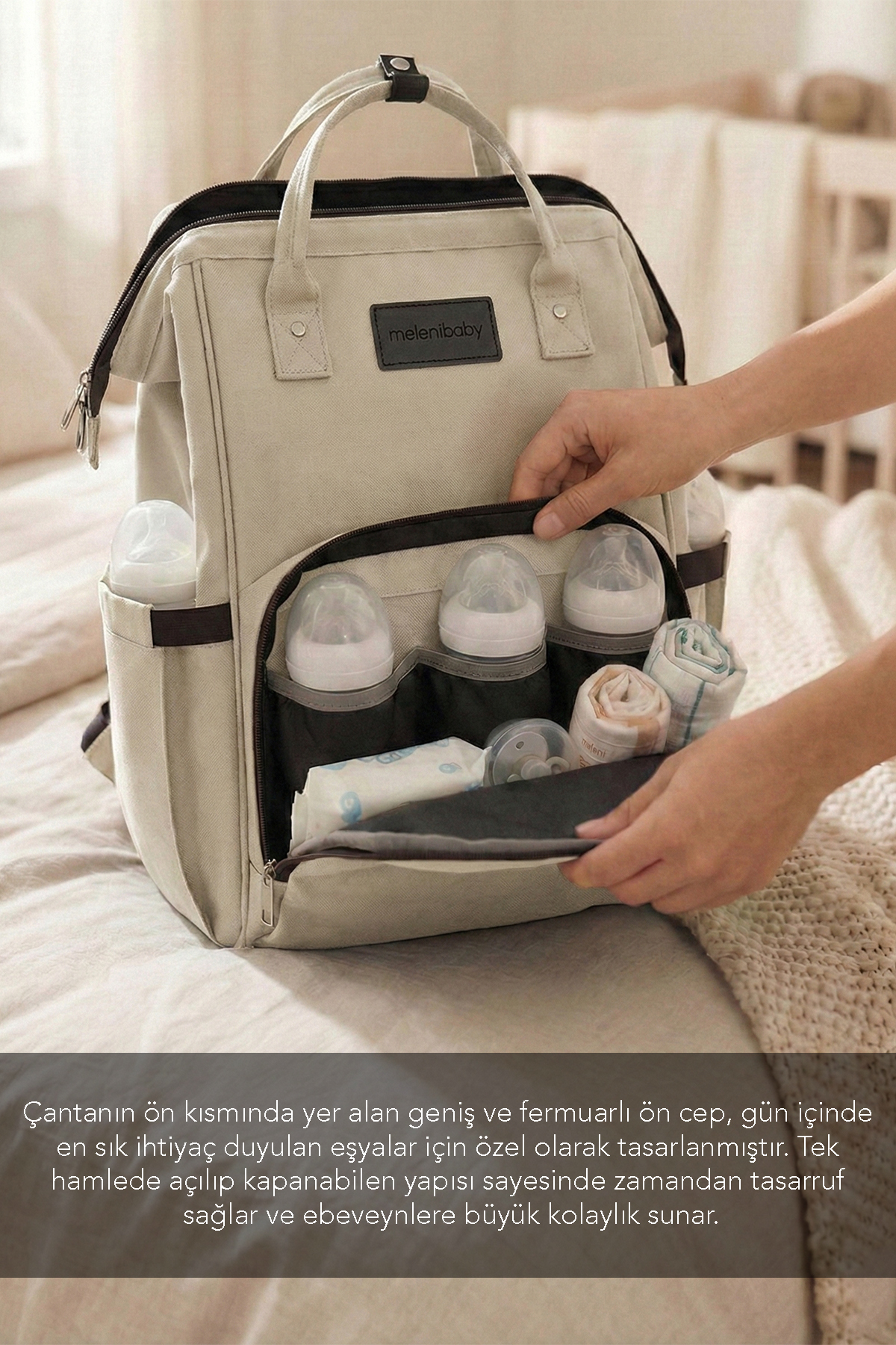 Meleni Baby 2'li Anne Bebek Seti - Bölmeli Anne Bebek Sırt Çantası ve Bebek Islak Mendil Bakım Çantası Bej fotoğrafı 2 (önizleme)