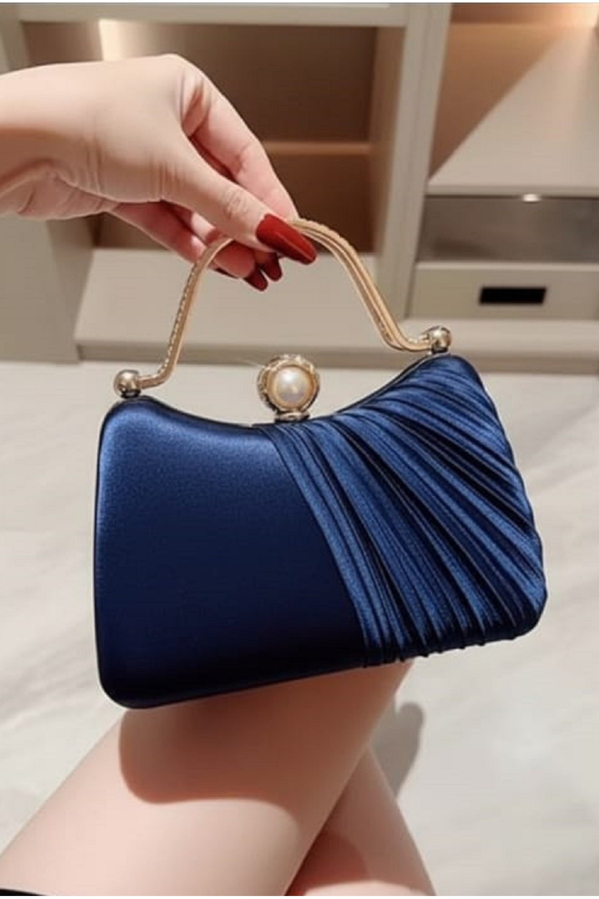 Satin Evening Bag Pearl Detailed Gold Handle Handbag