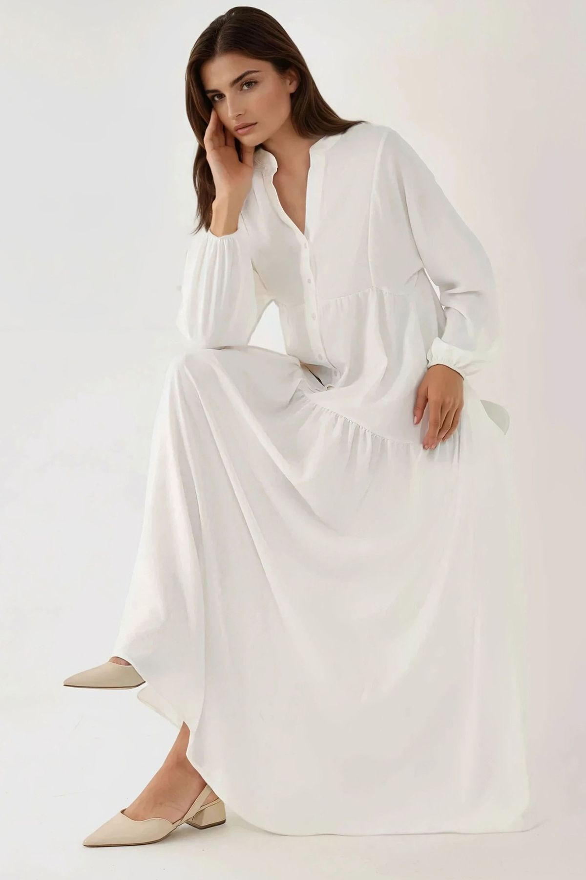 Hiccup Button Detailed Textured Long Sleeve V Neck Modest Dress