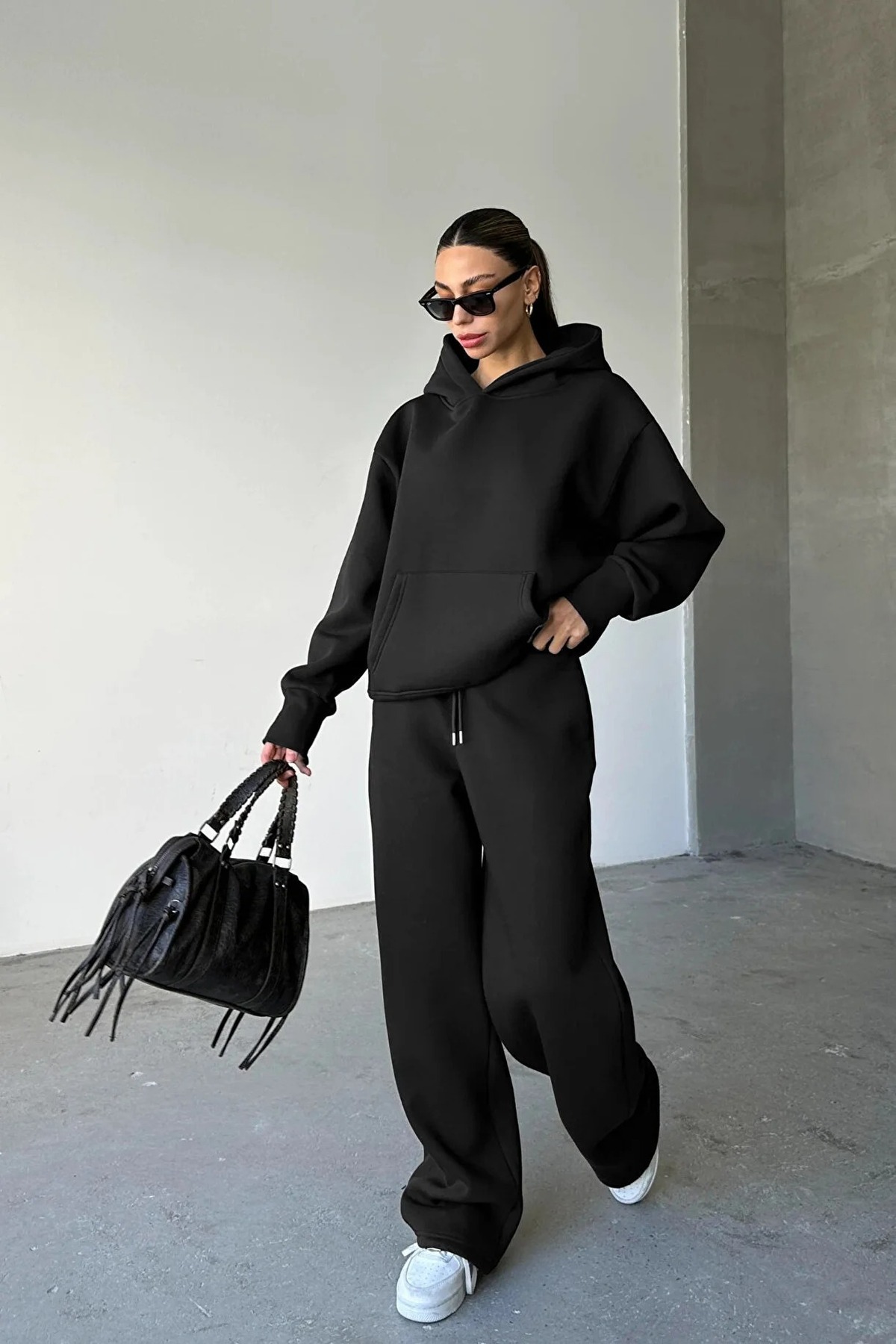 KADIN Baggy Unisex Rahat Ve Spor Kullanıma Uygun Basic Eşofman Takımı — مشکی BRNSFTK3 — تصویر 3 از 4