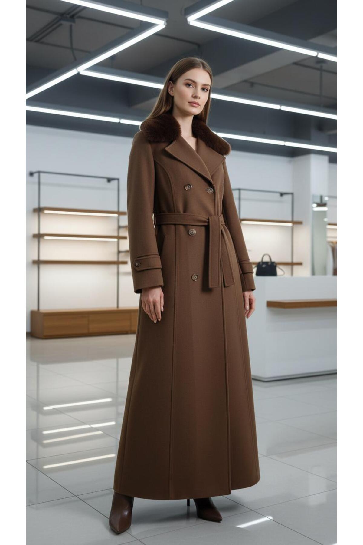 ESİN GİYİM  Kürk Yakalı Kruvaze Kaşe Manto- Old Money Tarz - Görsel 4