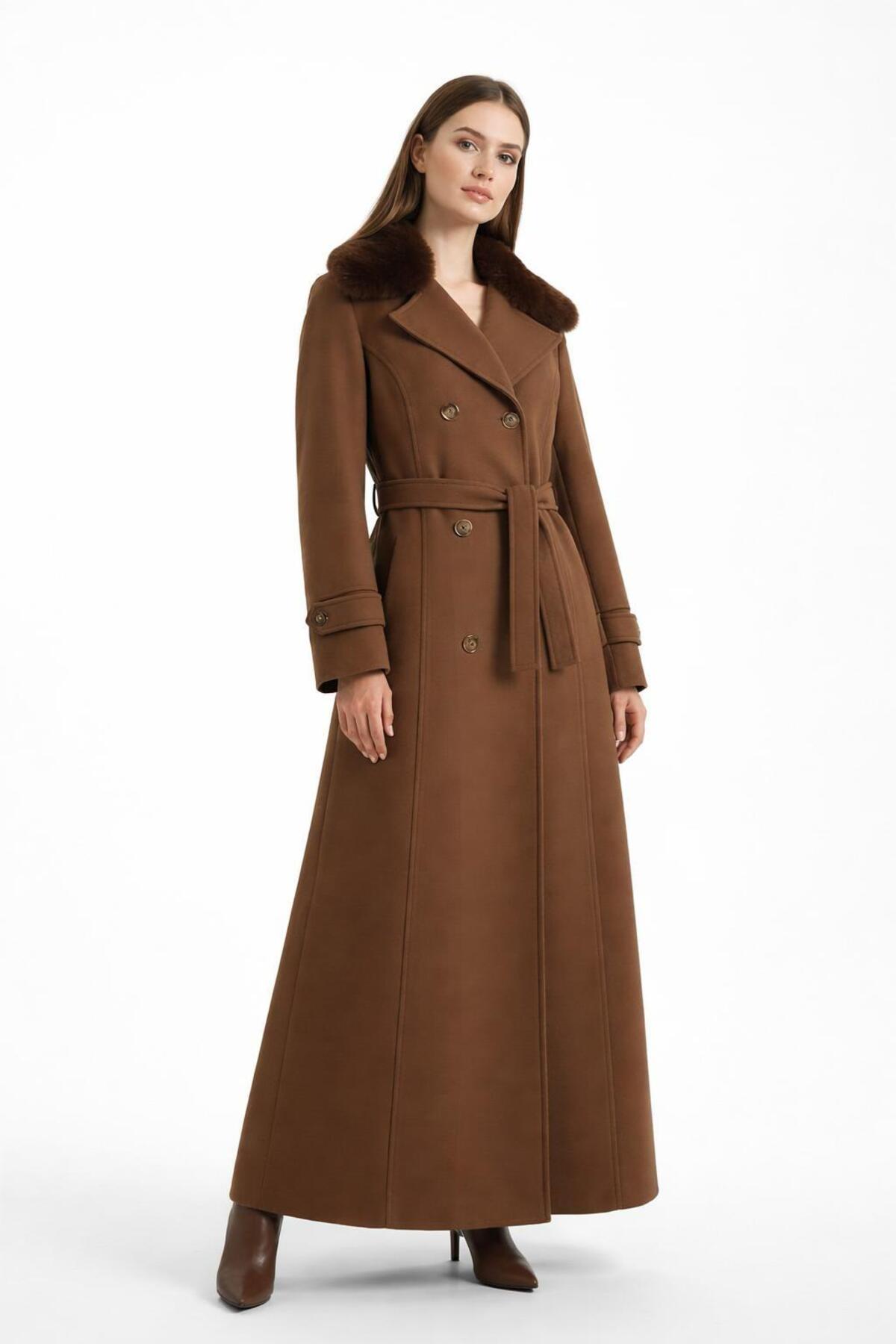 ESİN GİYİM  Kürk Yakalı Kruvaze Kaşe Manto- Old Money Tarz - Görsel 3
