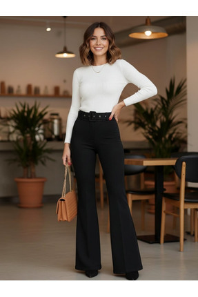 MONJER Siyah Yüksek Bel İspanyol Paça Kumaş Pantolon