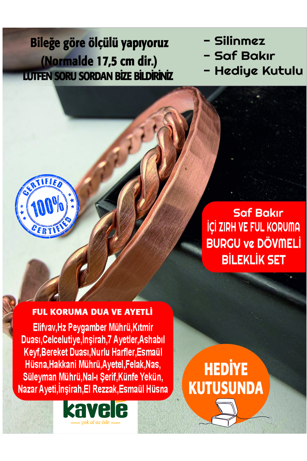 Ham saf bakır Gerçek El dövme ve Burgulu set Zırhlı Ayetli Bakır Bileklik-Hediyelik Kutuda
