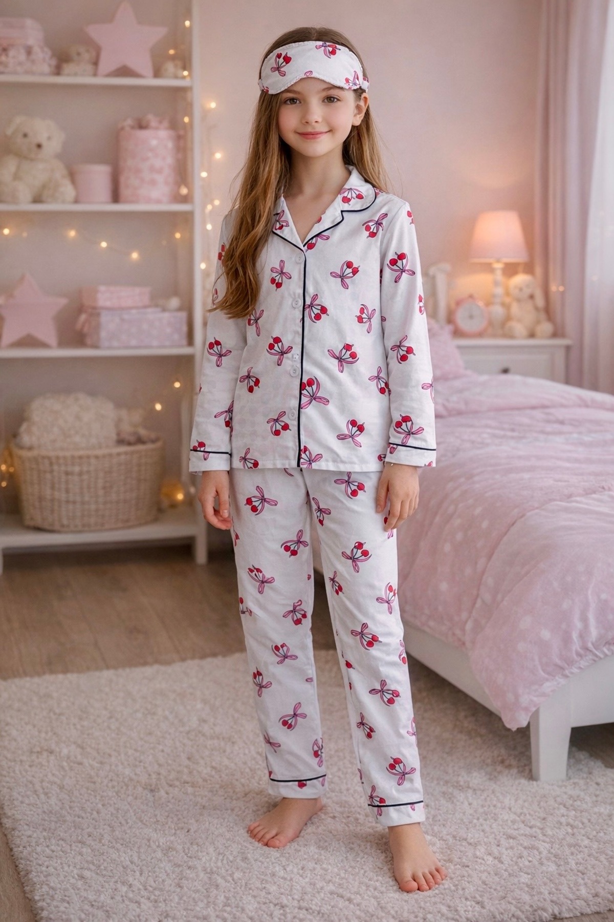 Kız Çocuk Beyaz Pamuk Kiraz Desenli Biyeli Uyku Gözlüklü Pijama Takımı