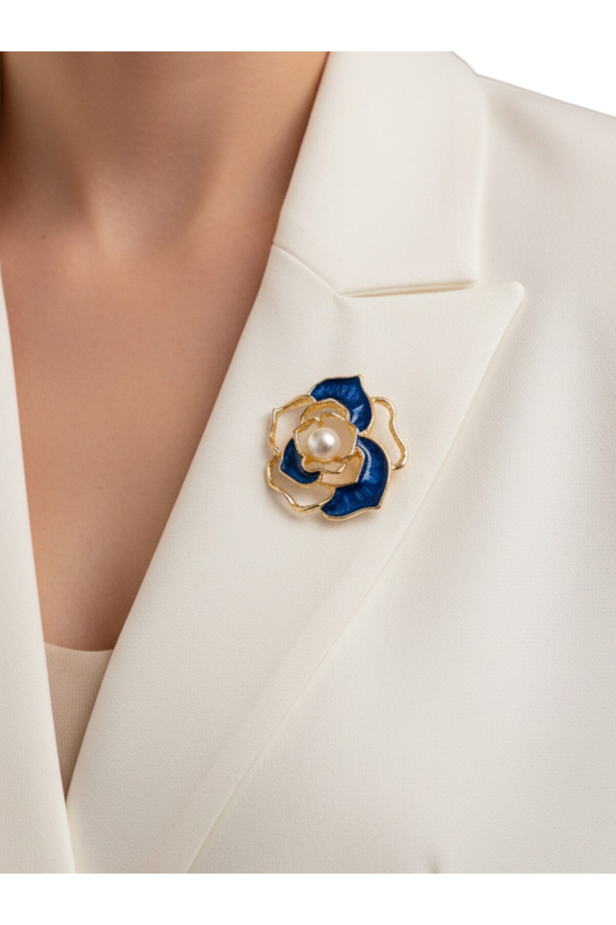 Pearl Detailed Rose Flower Brooch | Navy Blue - Size: 3.5 cm