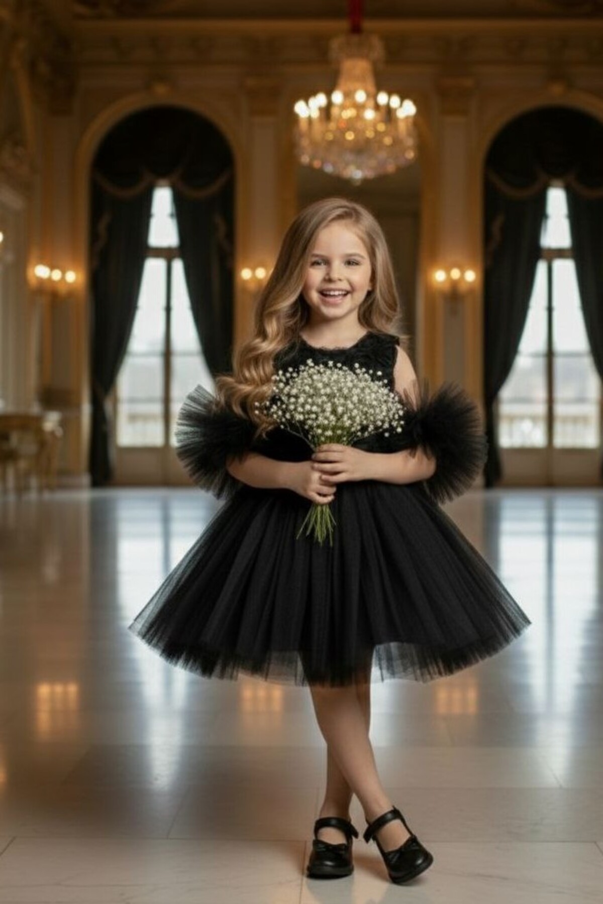 Ponponlu Kollu Gül Kabartmalı Çocuk Abiye Elbise Aby246