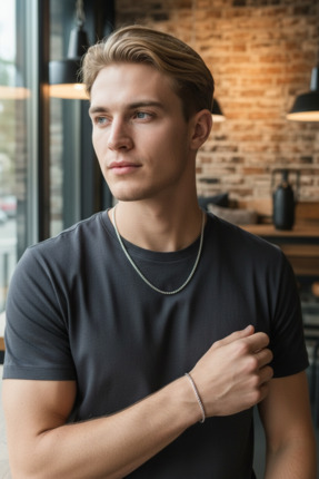 HELİSA ACCESSORİES Erkek Gümüş Renk Popcorn Zincir Kolye ve Bileklik Seti