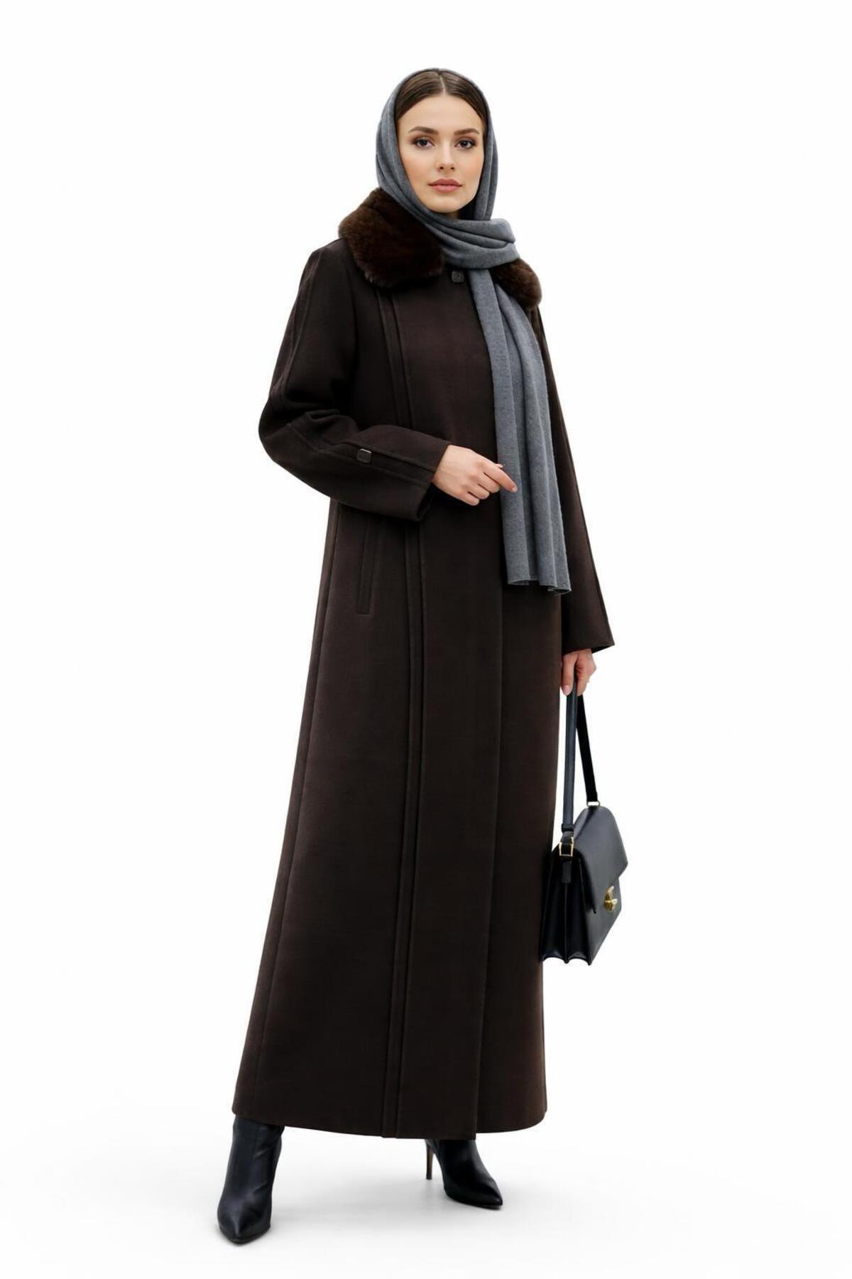 ESİN GİYİM  Yakası Çıkarılabilir Kürklü Büyük Beden Kaşe Palto - Görsel 3