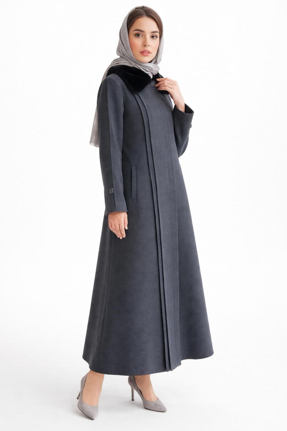 ESİN GİYİM  Yakası Çıkarılabilir Kürklü Büyük Beden Kaşe Palto - Görsel 2