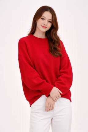 UZÇE MODA Kırmızı Renk Bisiklet Yaka Oversize Kadın Triko Kazak