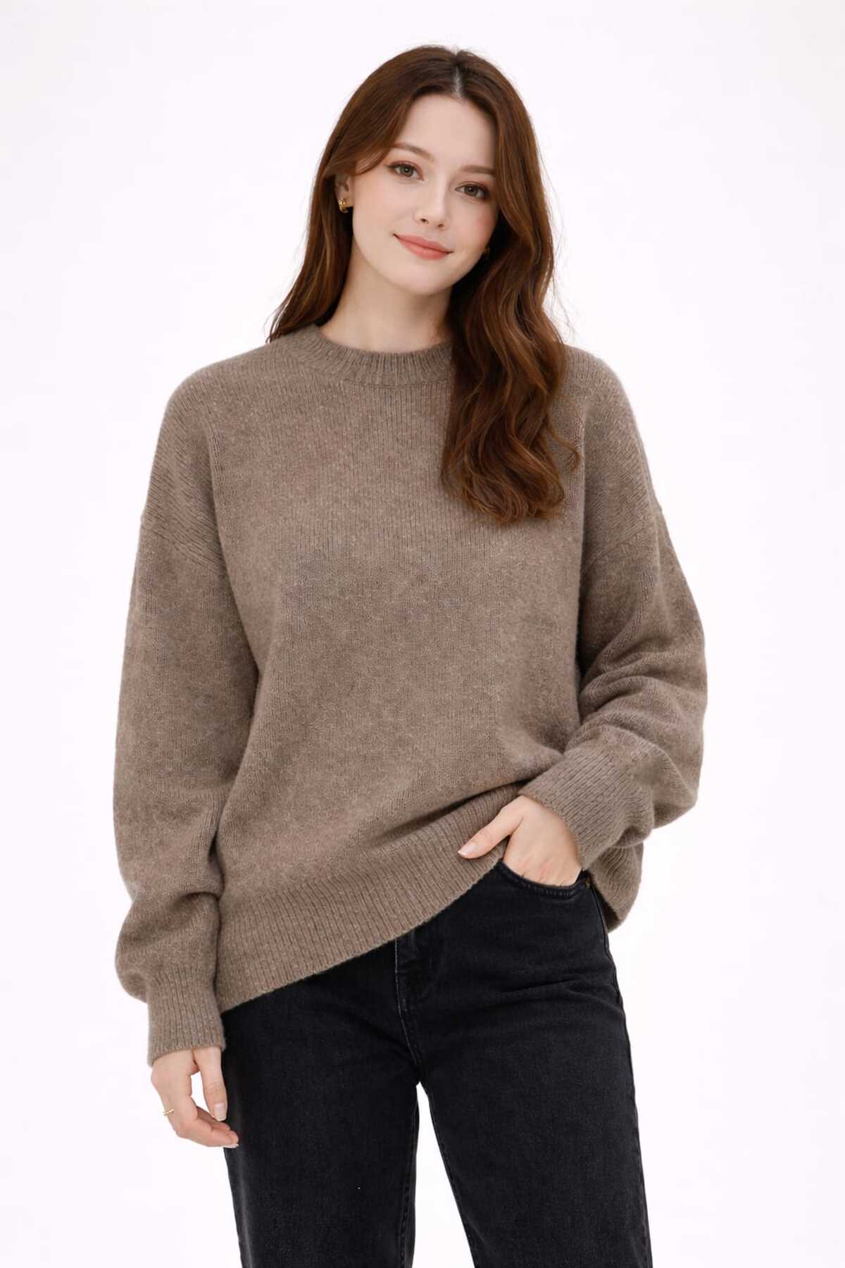 UZÇE MODA  Vizon Renk Bisiklet Yaka Oversize Kadın Triko Kazak