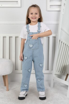 Moonch Kalpli Nakış Detaylı Kot Salopet Kız Çocuk Tulum