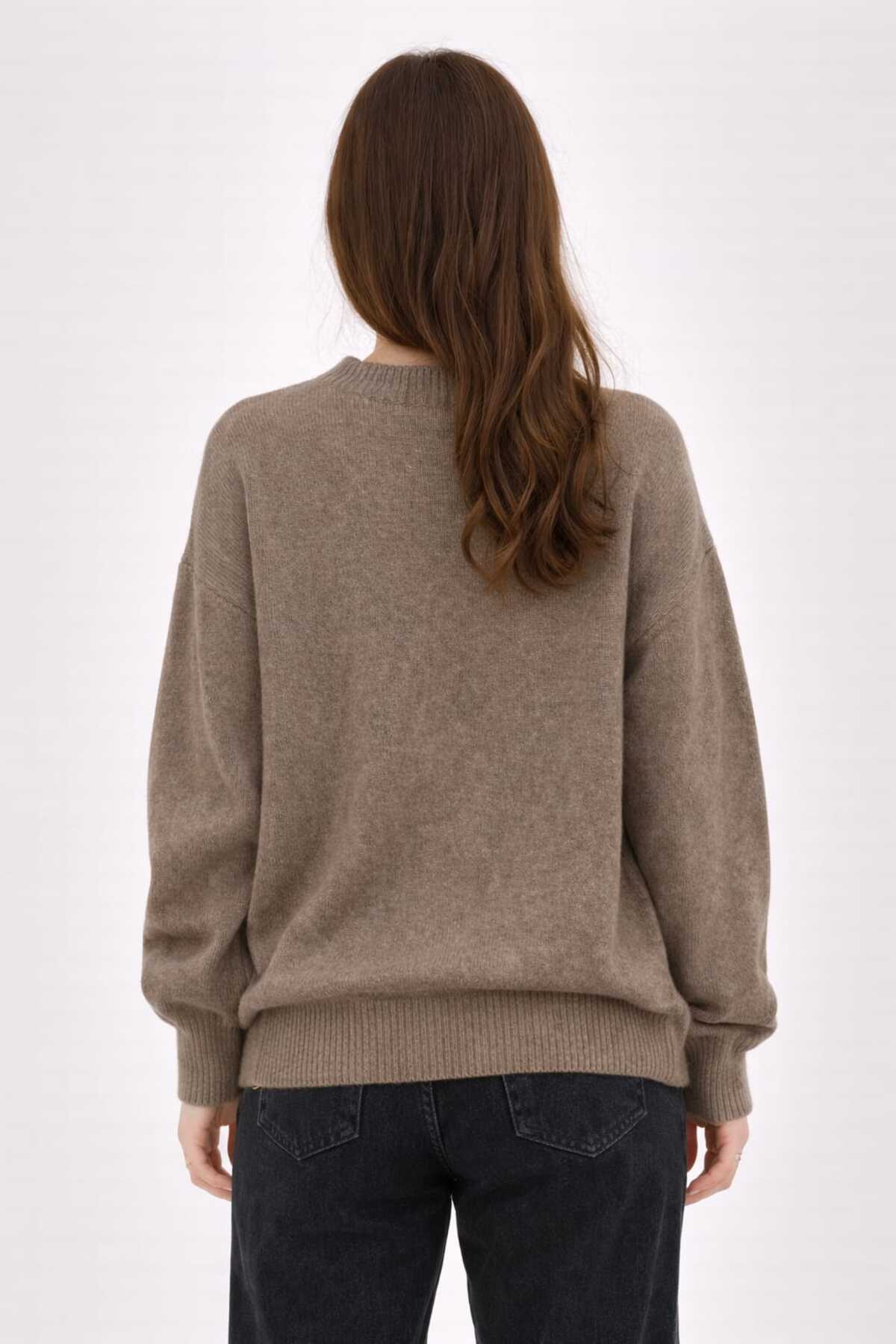 UZÇE MODA  Vizon Renk Bisiklet Yaka Oversize Kadın Triko Kazak - Görsel 3