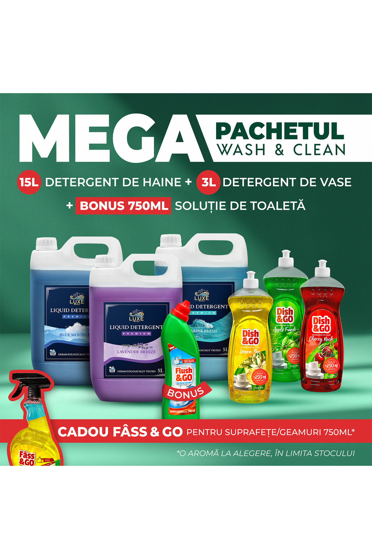 Luxe Wash Pachet MEGA Detergent Lichid 15L + Detergent Vase 3L + Soluție Toal...