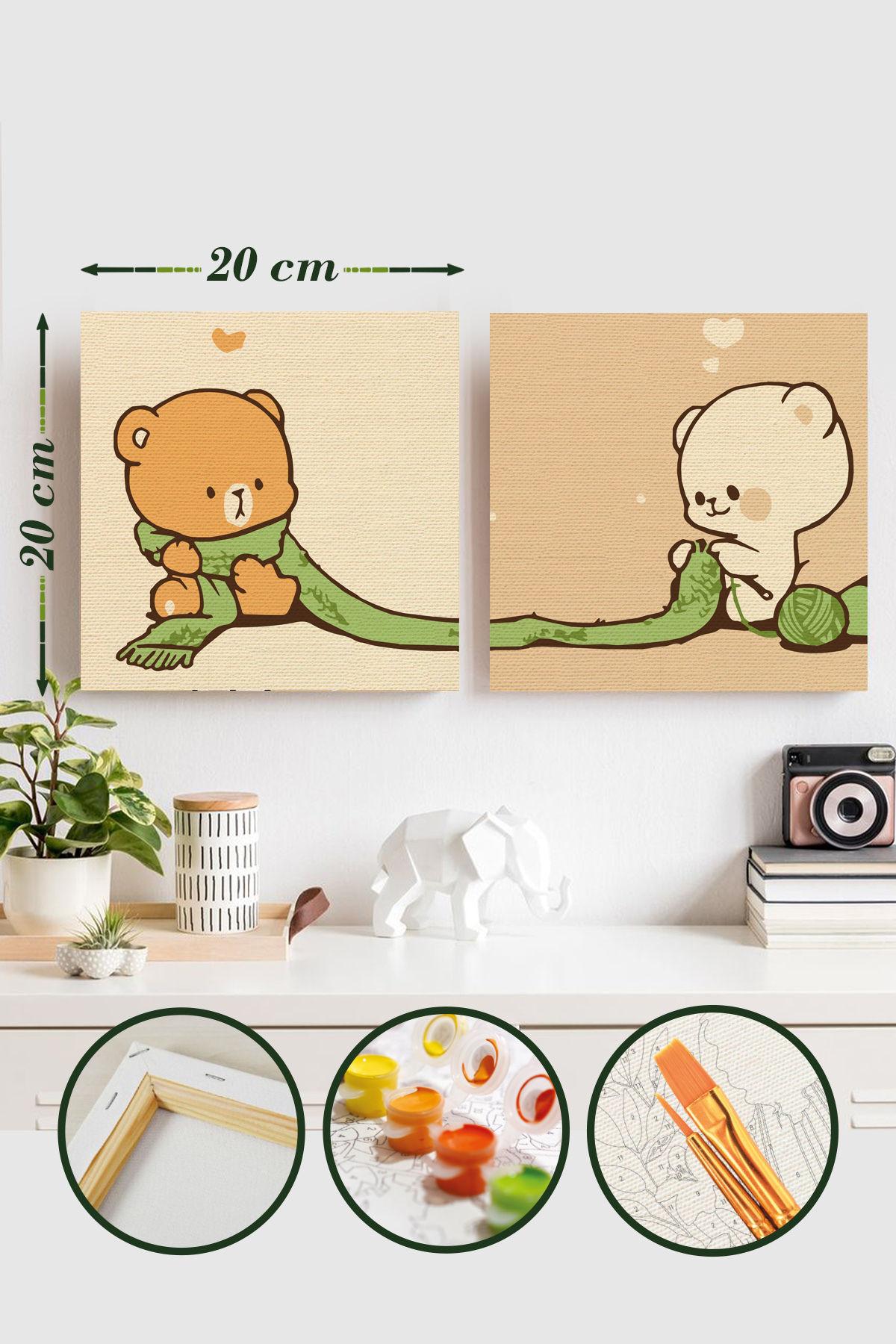 Sayılarla Boyama 20x20 Cm İkili Tuval Seti Fırça Boya Dahil - Atkılı Ayıcıklar (Sevgiliye Hediye)