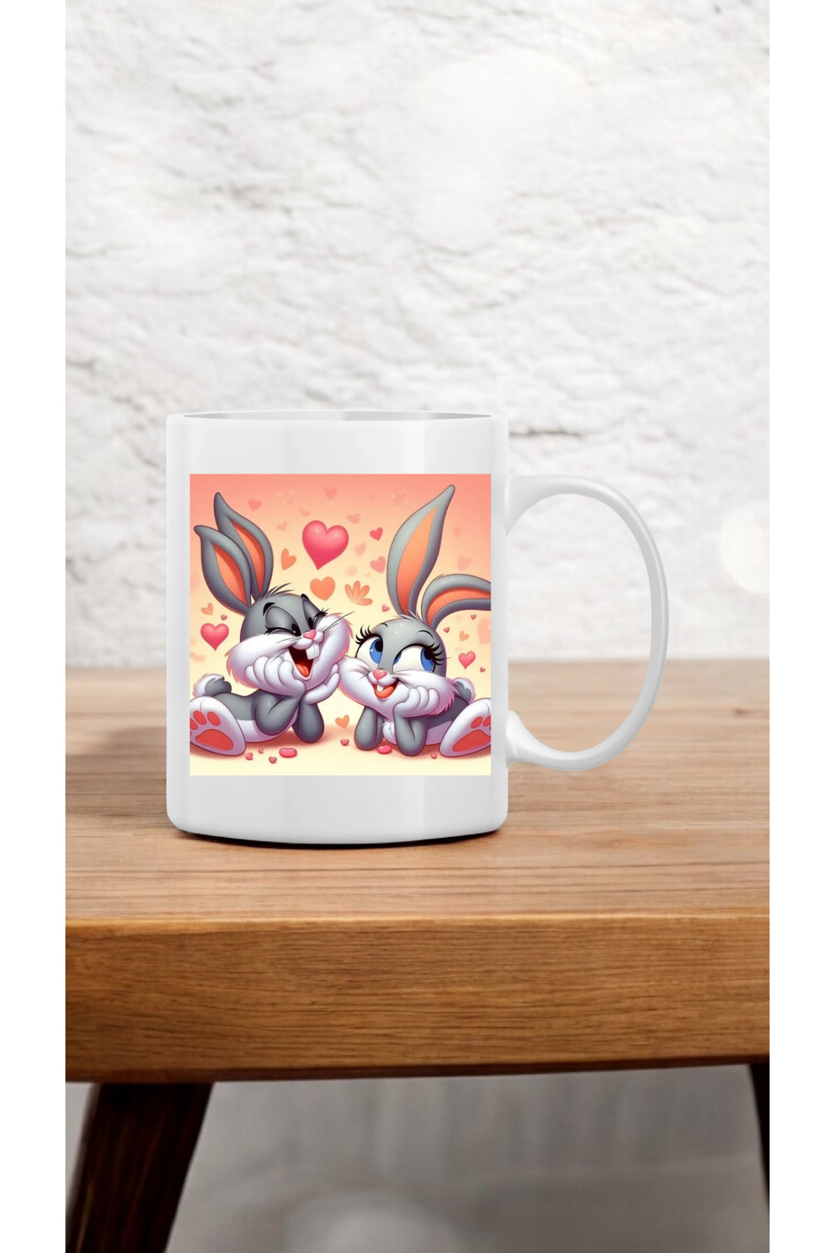 Romantik Nostaljik Sevgililer Günü Kalpli Bugs Bunny Tasarım Kişiye Özel Hediye Baskılı Kupa Bardak