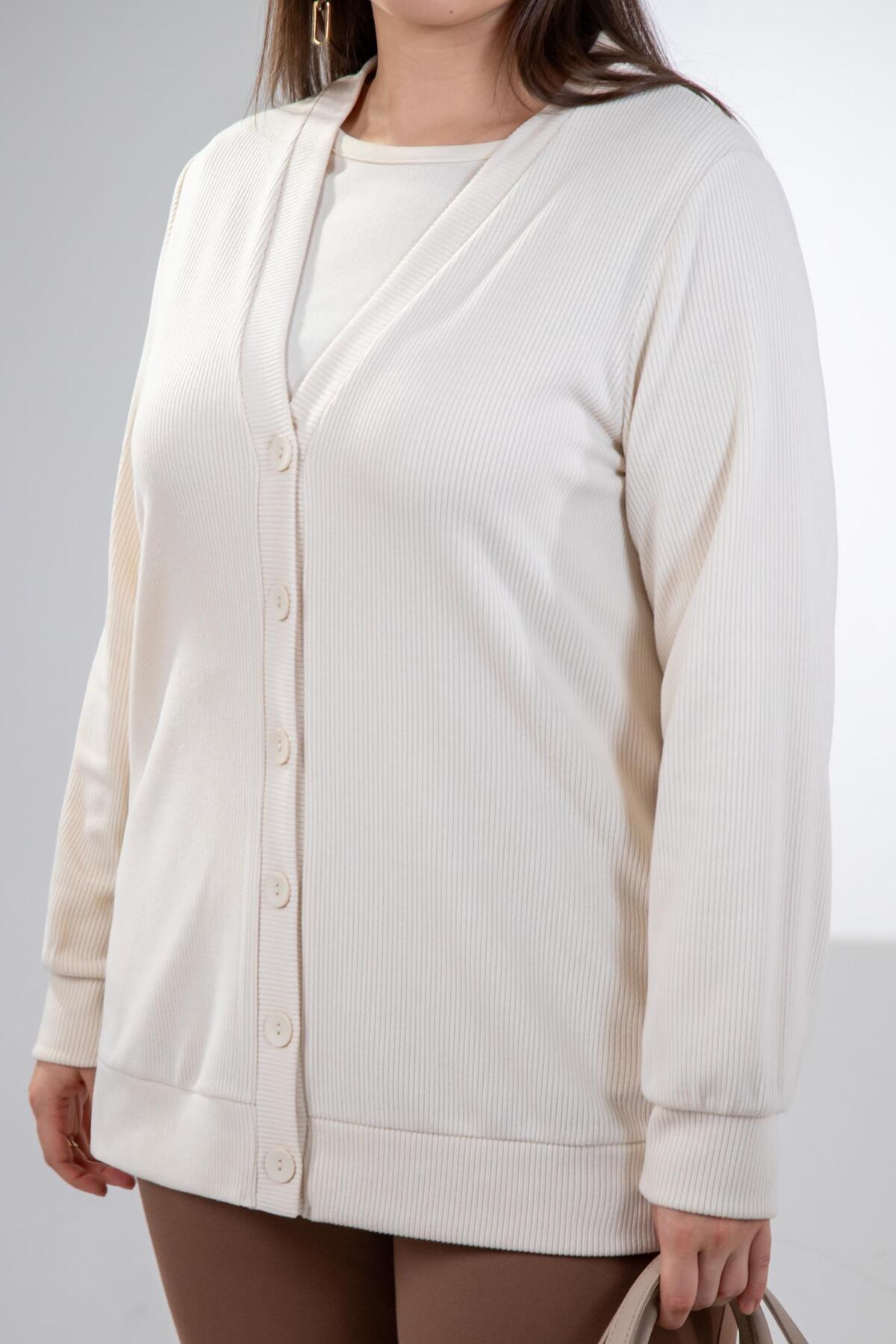 Roxxlen  Büyük Beden Düğme Detaylı Triko Hırka - Görsel 7