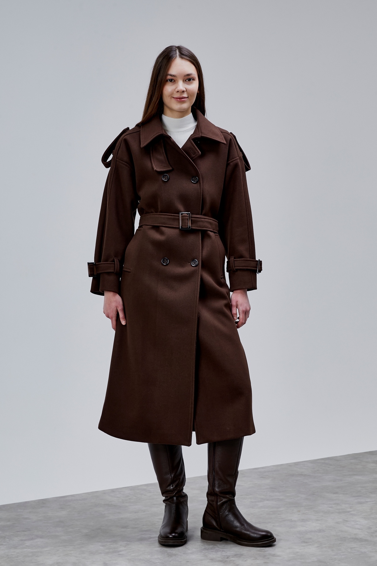 Bolivente  Acı Kahve Kuşaklı Oversize Kaşe Kaban 44577 - Görsel 5