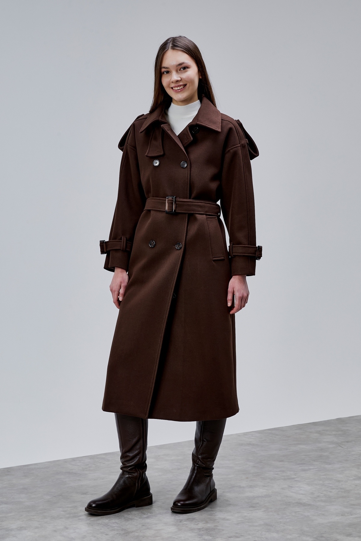 Bolivente  Acı Kahve Kuşaklı Oversize Kaşe Kaban 44577 - Görsel 6