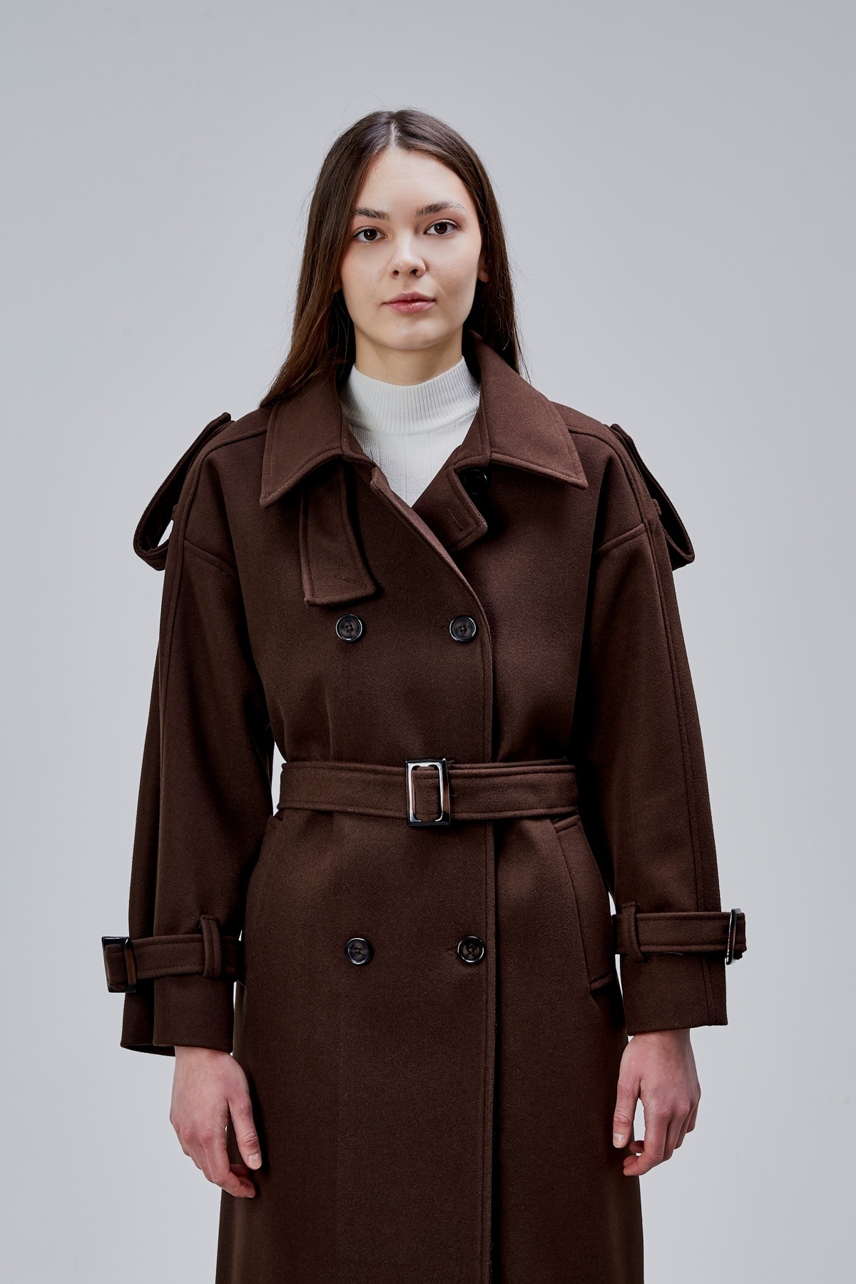 Bolivente  Acı Kahve Kuşaklı Oversize Kaşe Kaban 44577 - Görsel 4