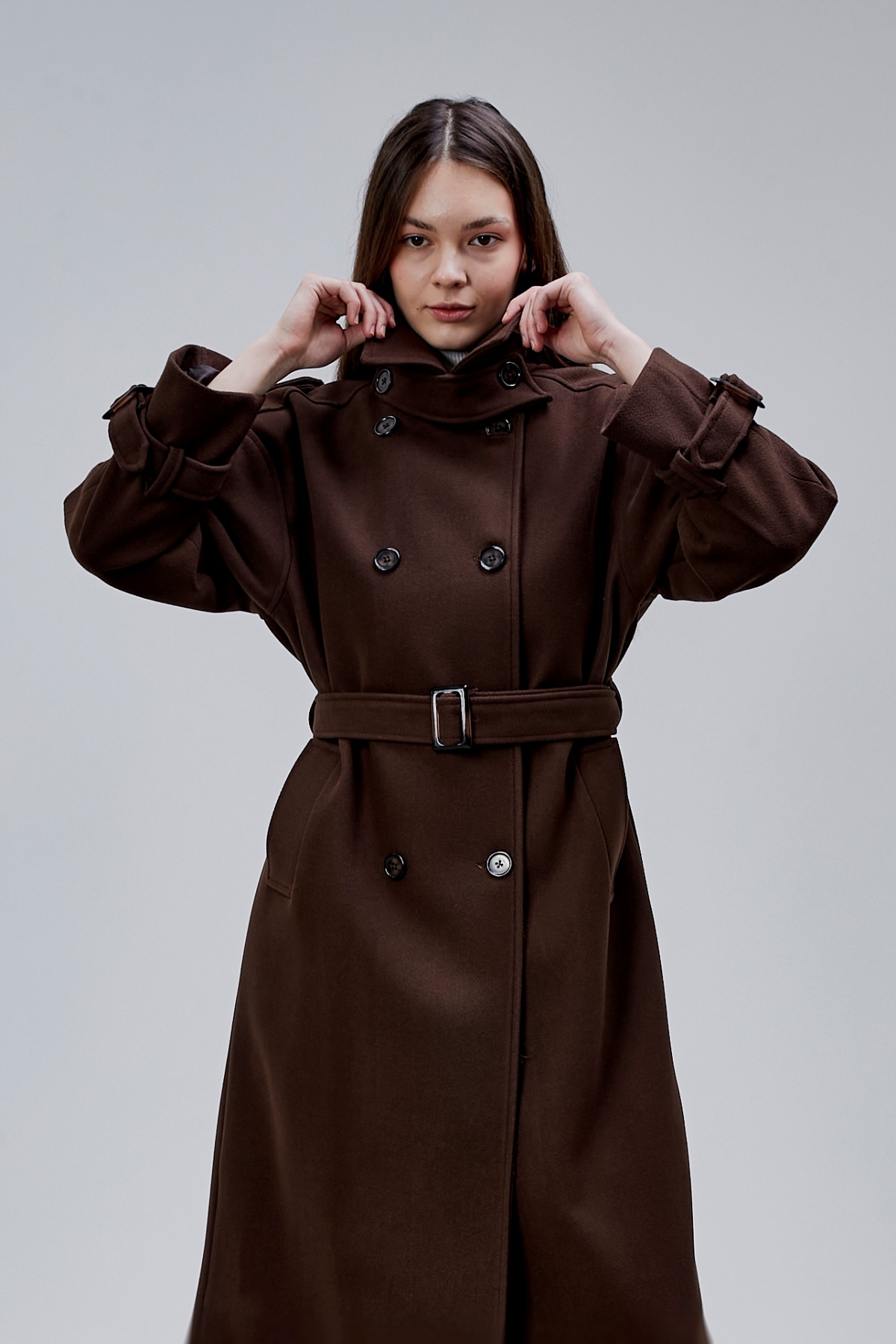 Bolivente  Acı Kahve Kuşaklı Oversize Kaşe Kaban 44577 - Görsel 8