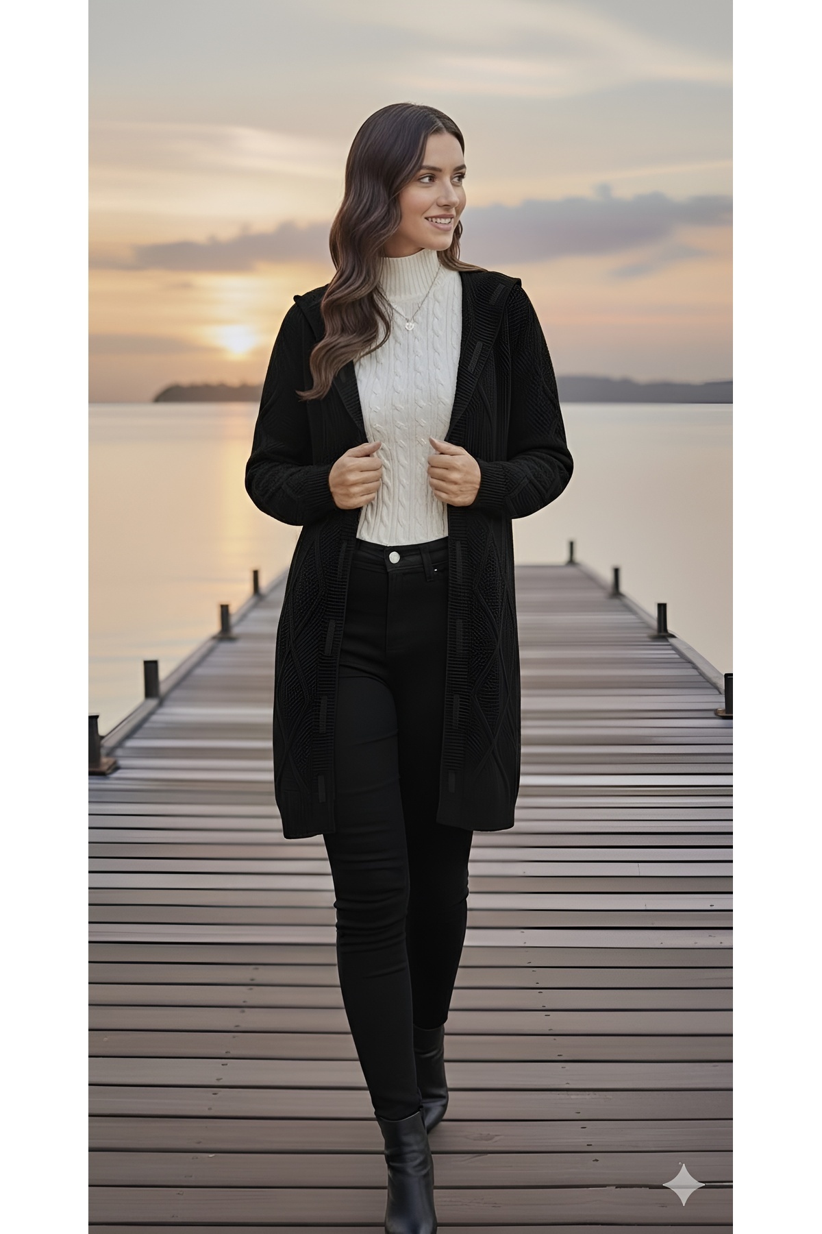 AQE FASHION Kadın Triko Hırka Ceket Siyah Kabartma Desenli Şerit Garnili Uzun Kollu Şapkalı Şık görsel 6