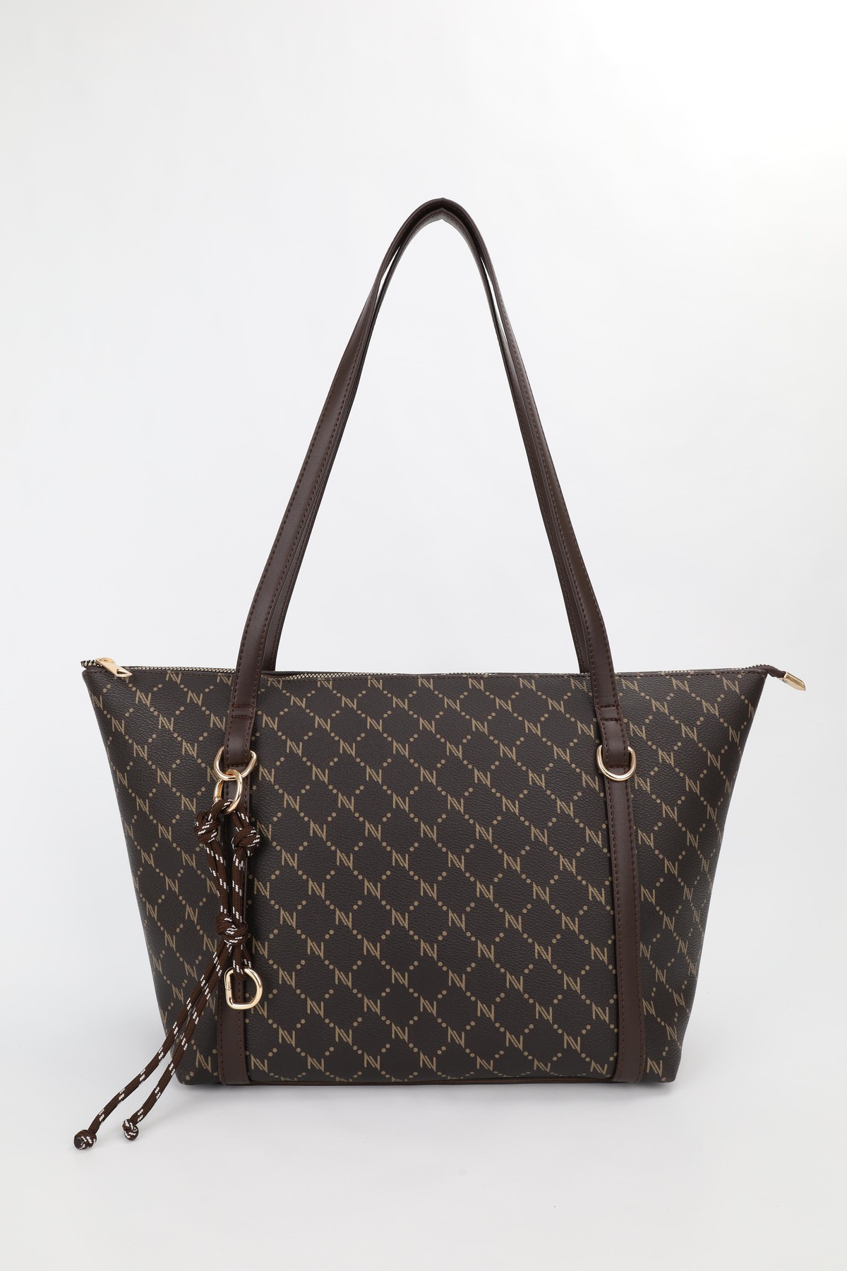 Women's Monogram Coffee Ring Charm Detailed Zipper Shoulder Bag En42 Size27 Sofia