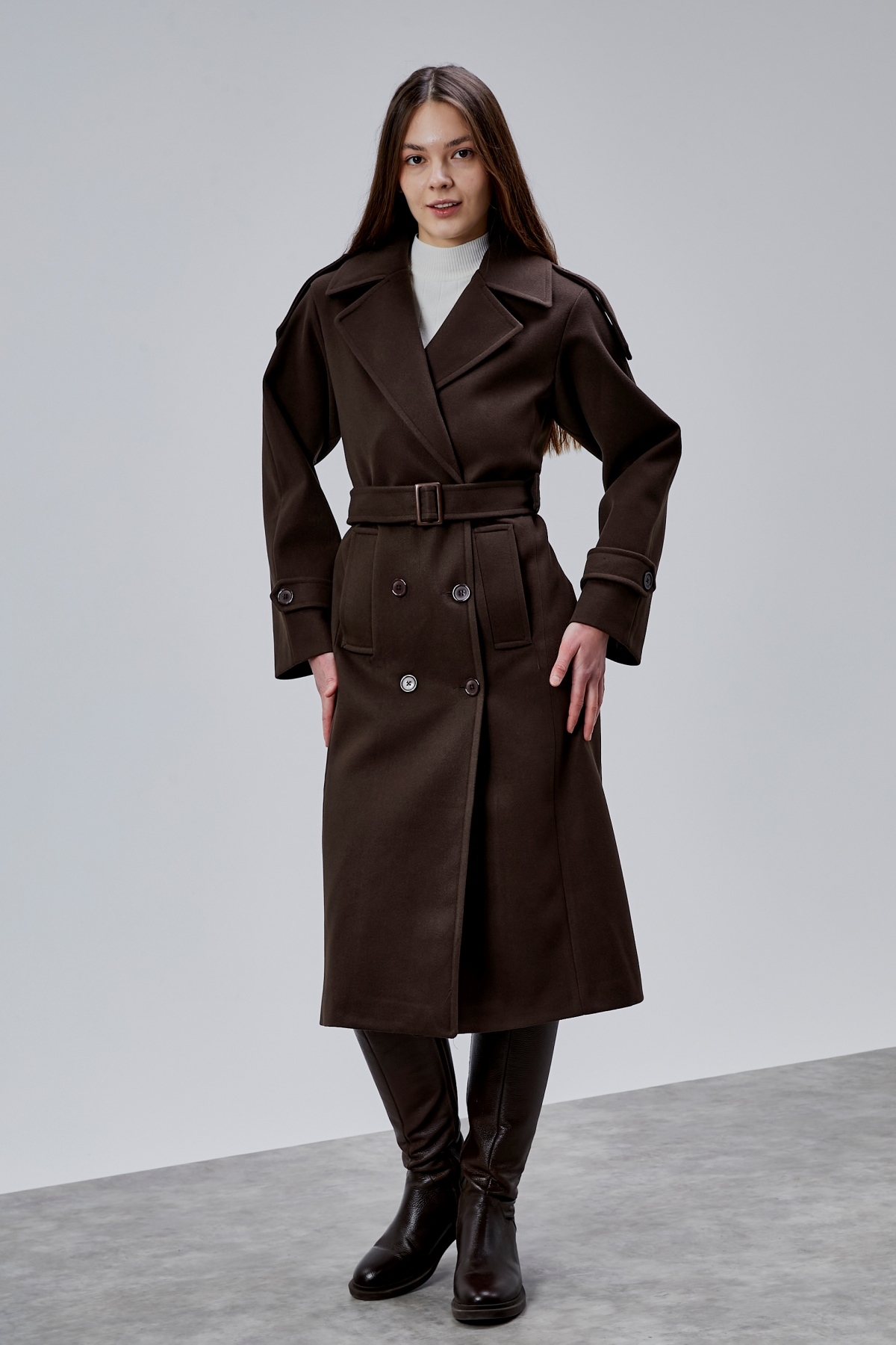 Bolivente  Acı Kahve Regular Apolet Detaylı Kruvaze Kaşe Kaban - Görsel 6