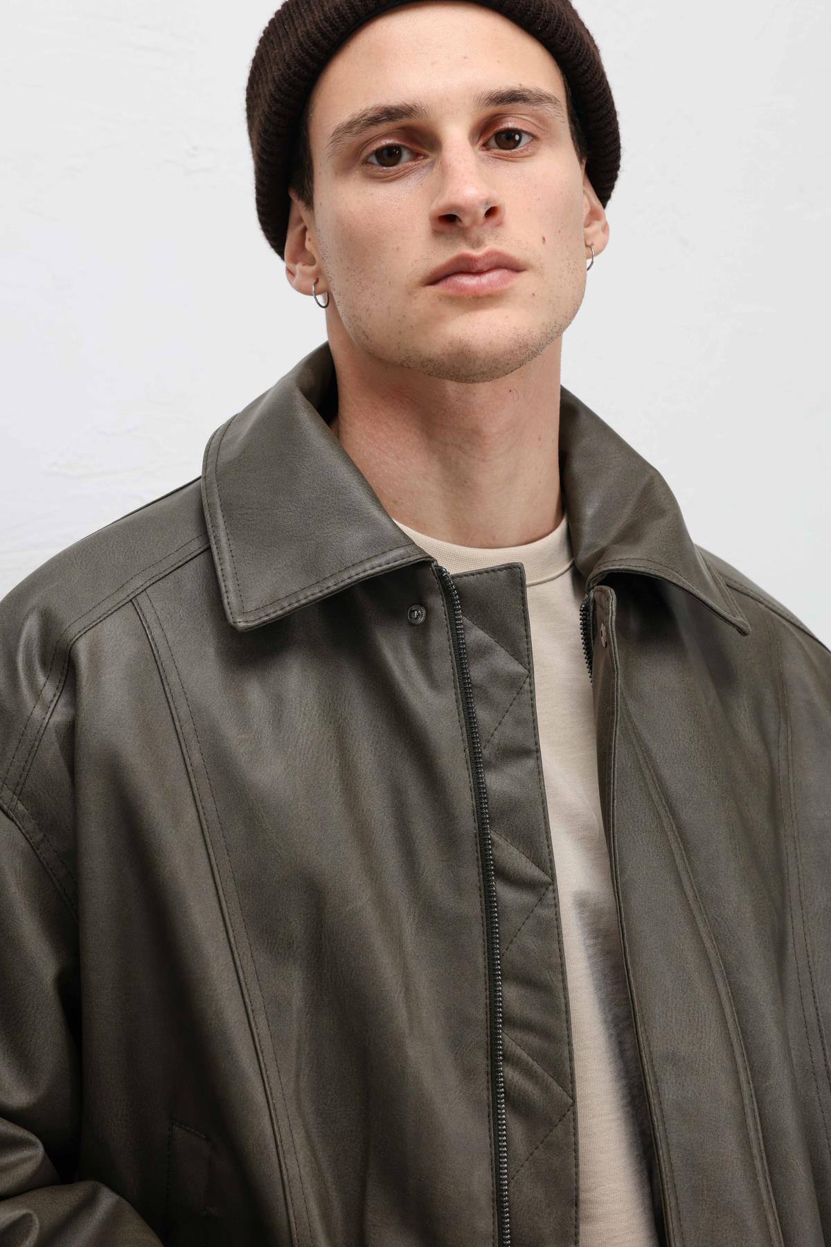 VAMOSCLO Oversize Deri Bomber Ceket Haki görsel 4