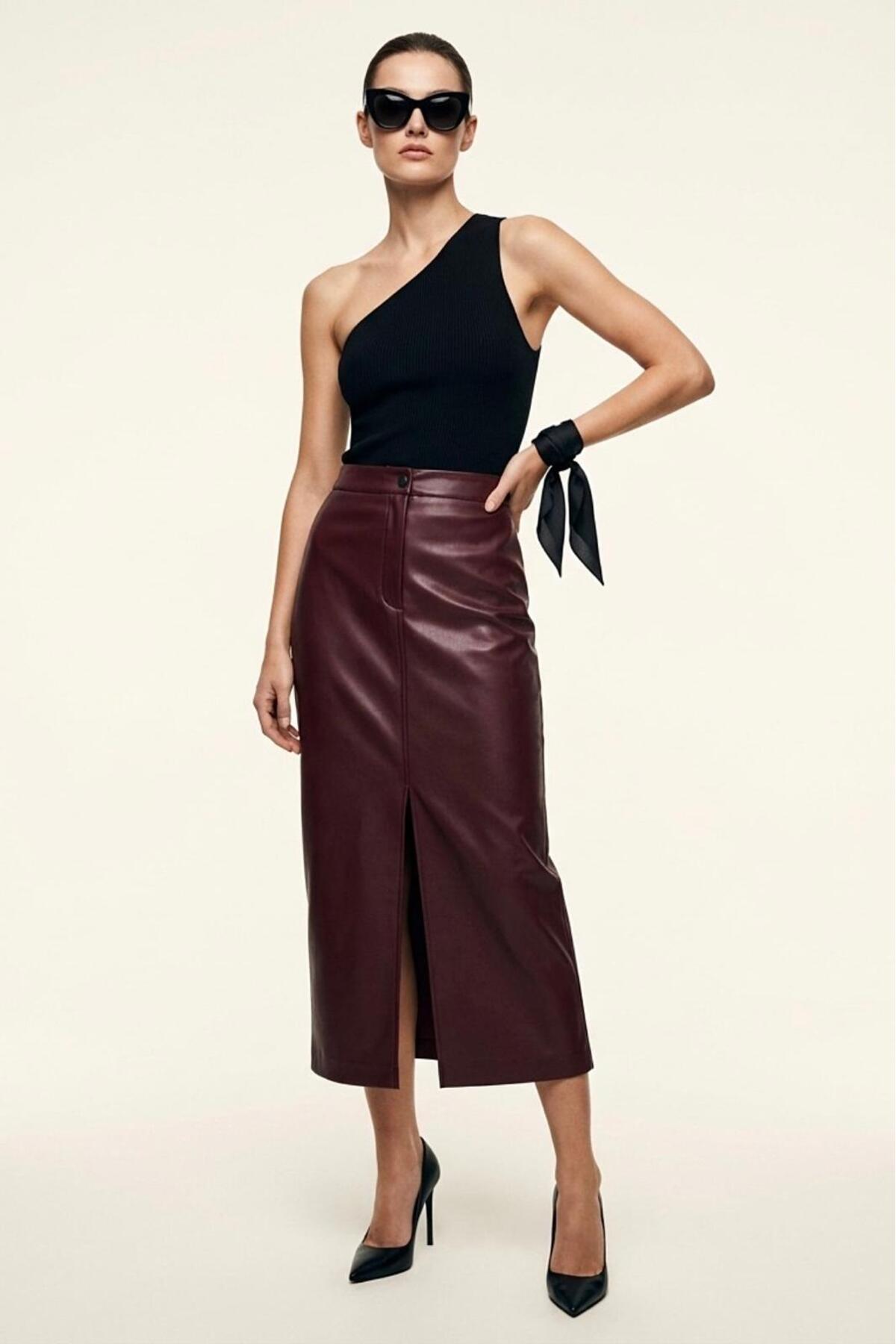 Grenj Fashion Bordo Yırtmaçlı Suni Deri Yüksek Bel Maxi Etek