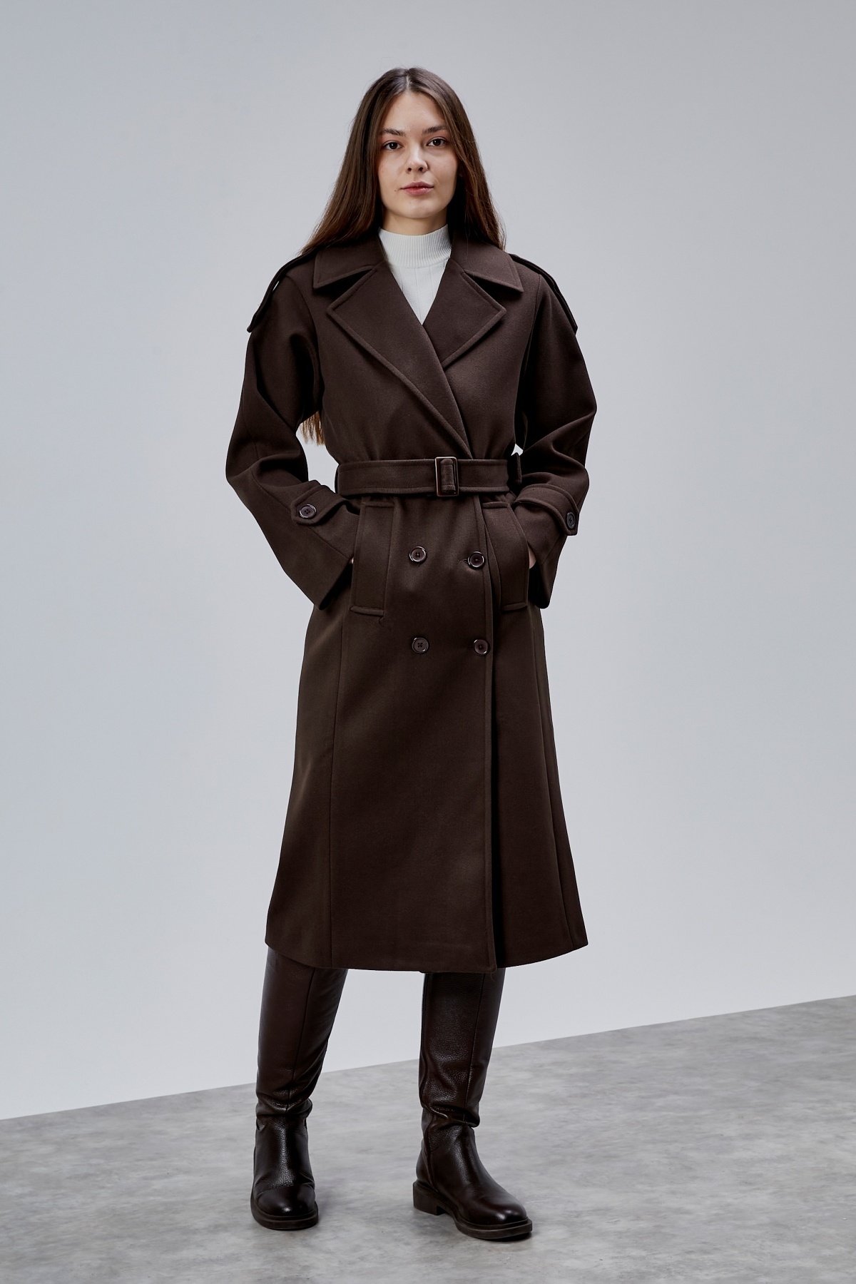 Bolivente  Acı Kahve Regular Apolet Detaylı Kruvaze Kaşe Kaban