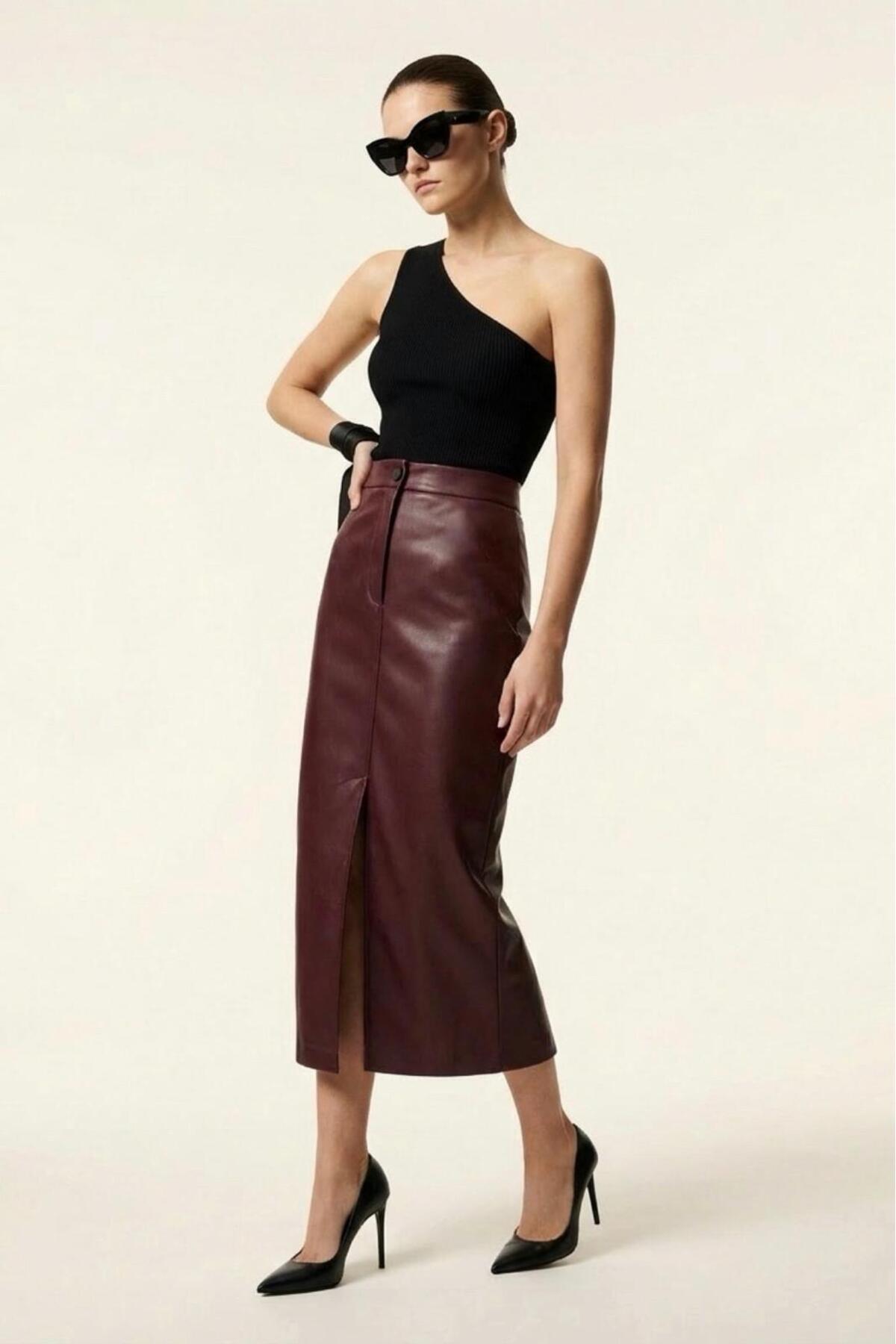Grenj Fashion Bordo Yırtmaçlı Suni Deri Yüksek Bel Maxi Etek görsel 4
