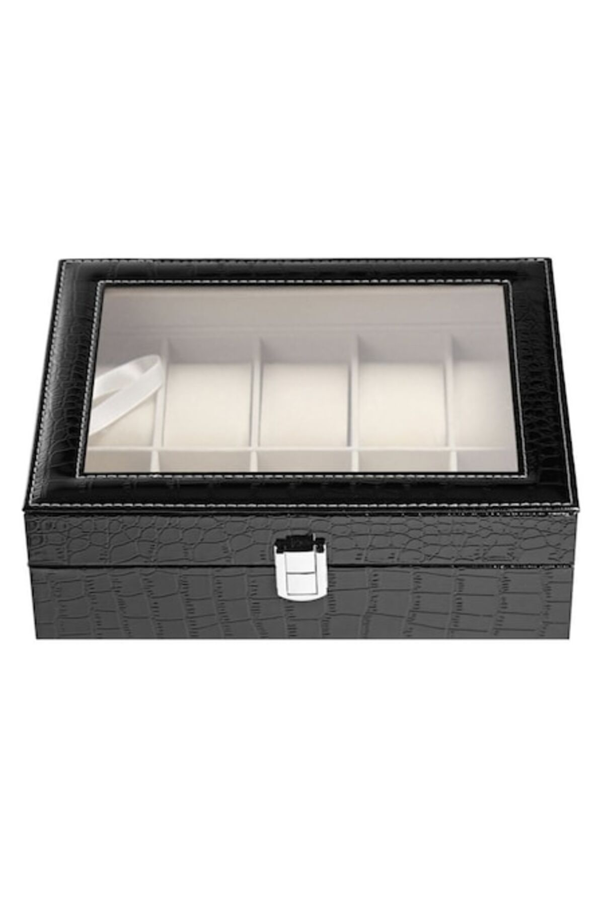 Cutie elegantă pentru 10 ceasuri, imprimeu crocodil, neagră