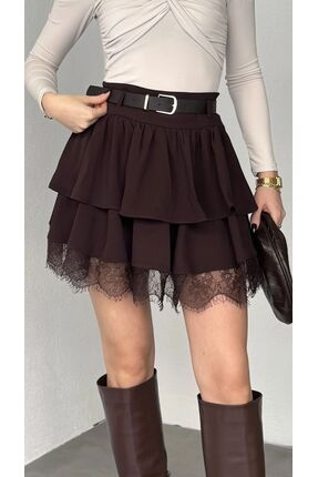 Lila Moda Dantel Detaylı Fırfırlı Etek