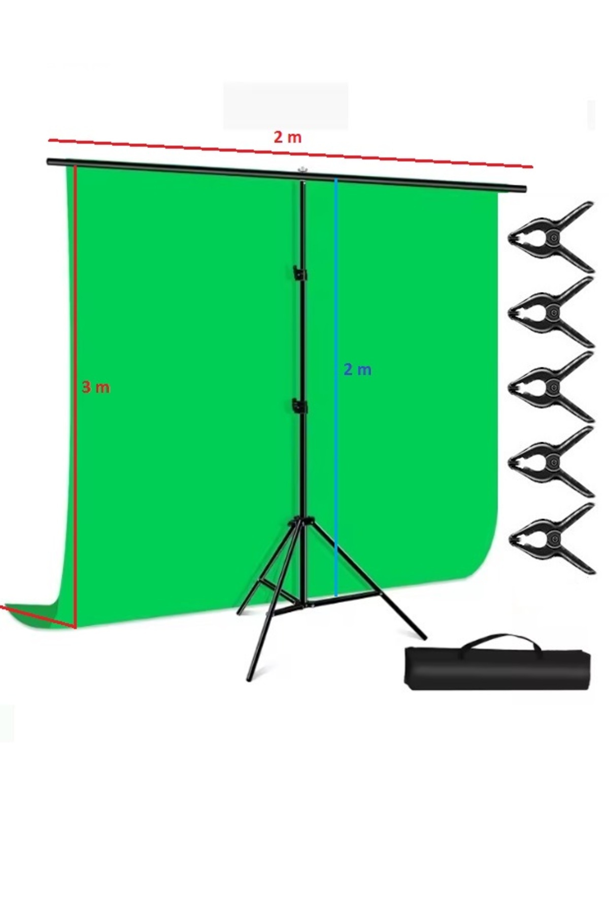 2x3m chromakey, green screen ,greenbox yeşil fon Kiti T Braket Standı + 5 adet Klipsler