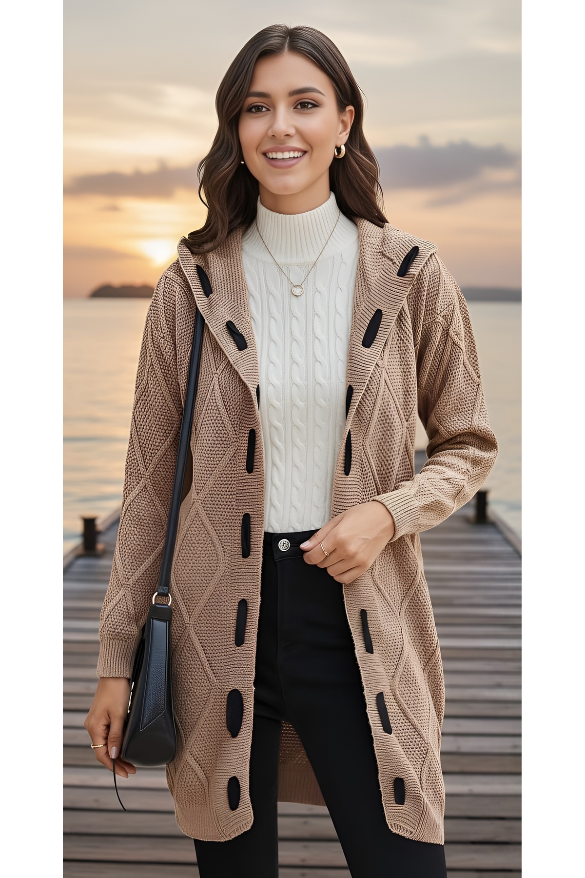Women Camel Jacket Cardigan Long Sleeve Embossed Hooded Ribbon Garnish