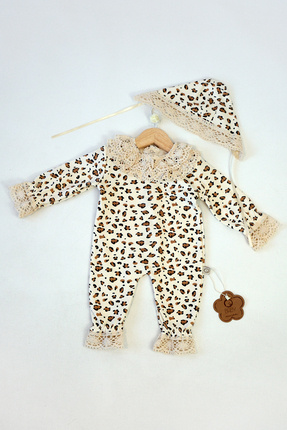 O Baby OBABY DANTELLİ LEOPAR DESENLİ KIZ BEBEK TULUM-%100 COTON-ŞAPKALI