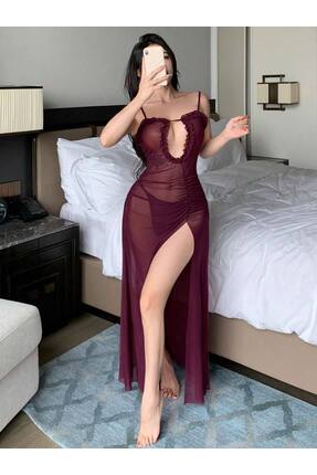 ZEYCEN Kadın İnce Askılı Yırtmaçlı Şık Gecelik