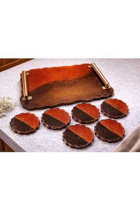 Epoxia Dizayn Epoksi Kiremit-Turuncu Sunum Tepsisi ve Bardak Altlığı Seti