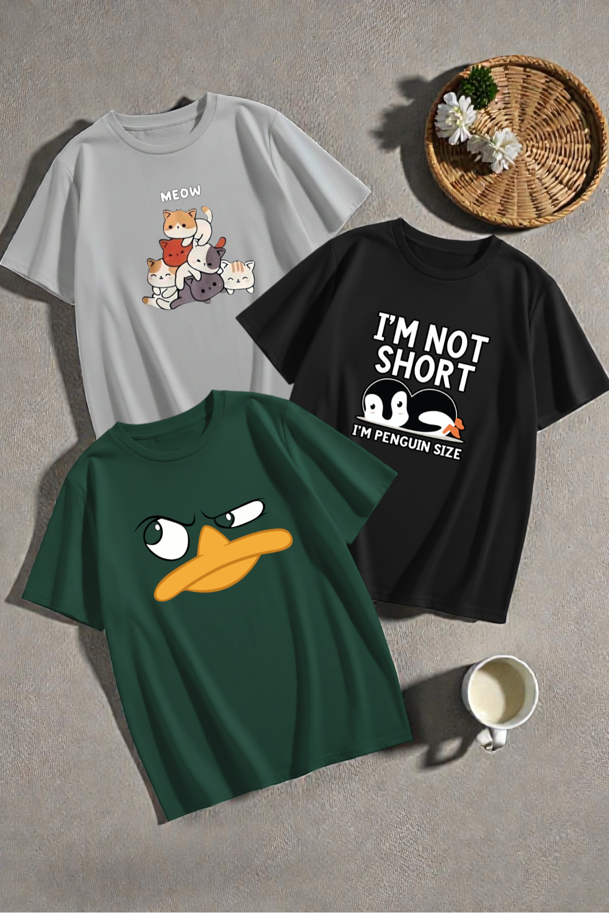 uyguntarz Unisex-T-Shirt-Set mit 3 Designs und beliebten Aufdrucken