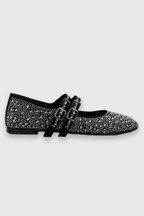 Modezya Fiora Siyah Saten Gümüş Taş Detay Çift Kemerli Kadın Babet