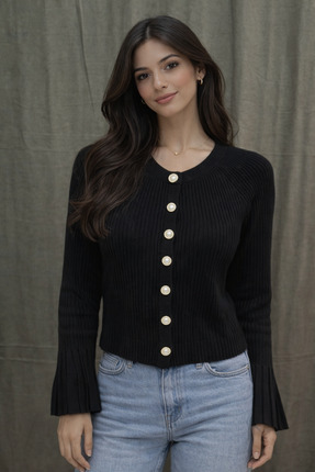 H&T STORE | Fitilli (Ribanalı) İnci Düğmeli Triko Hırka