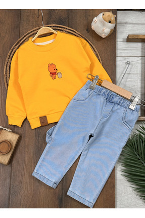 Bolly Baby Nakışlı Arma Detaylı Likralı Kot Pantolon Erkek Bebek/Çocuk Takım